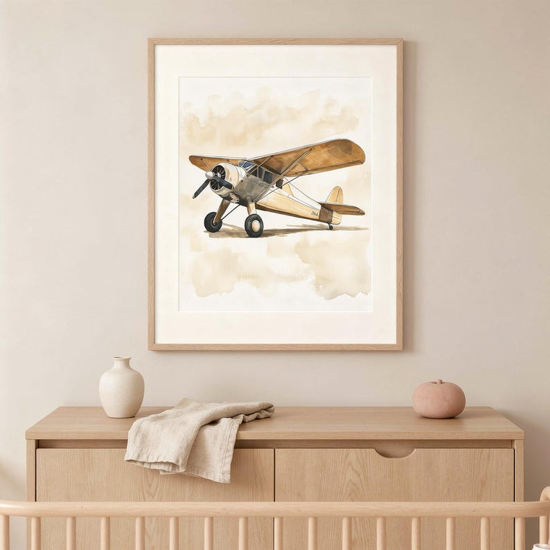 Vintage airplane nursery wall art — watercolor propeller plane