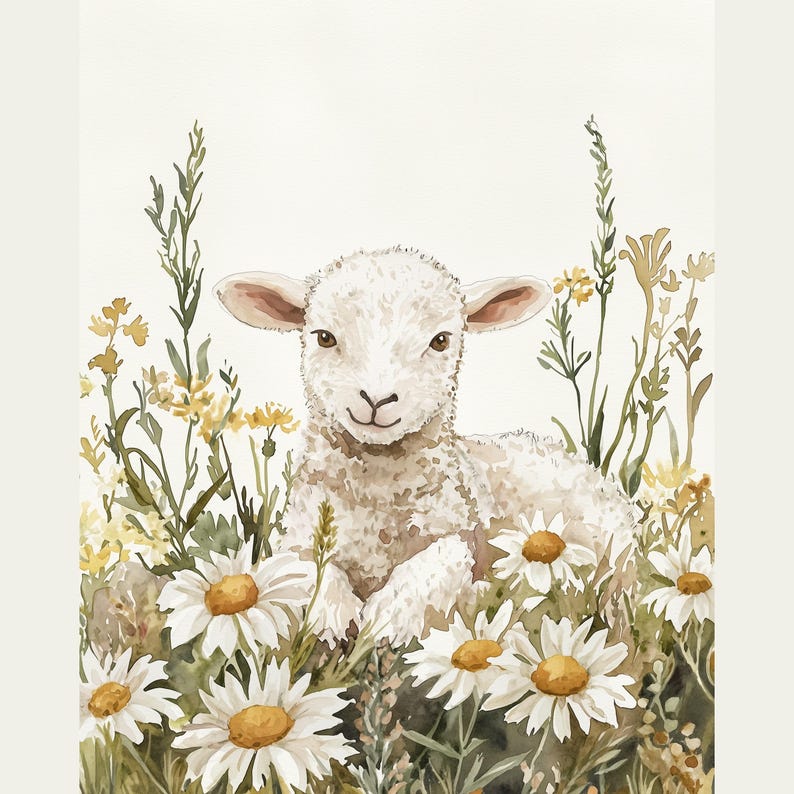 Baby lamb in wildflowers — watercolor nursery wall art