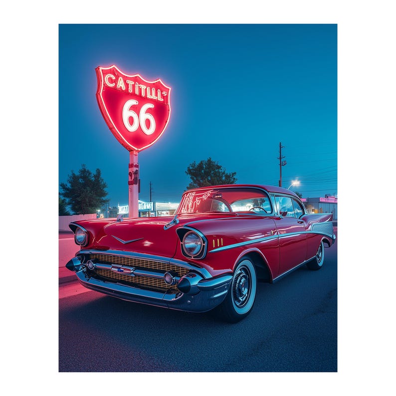 Muscle car at a neon motel — vintage American auto print