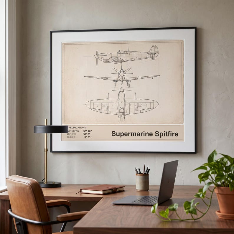 Spitfire Blueprint Print — Aviation Schematic from Runway & Heirloom