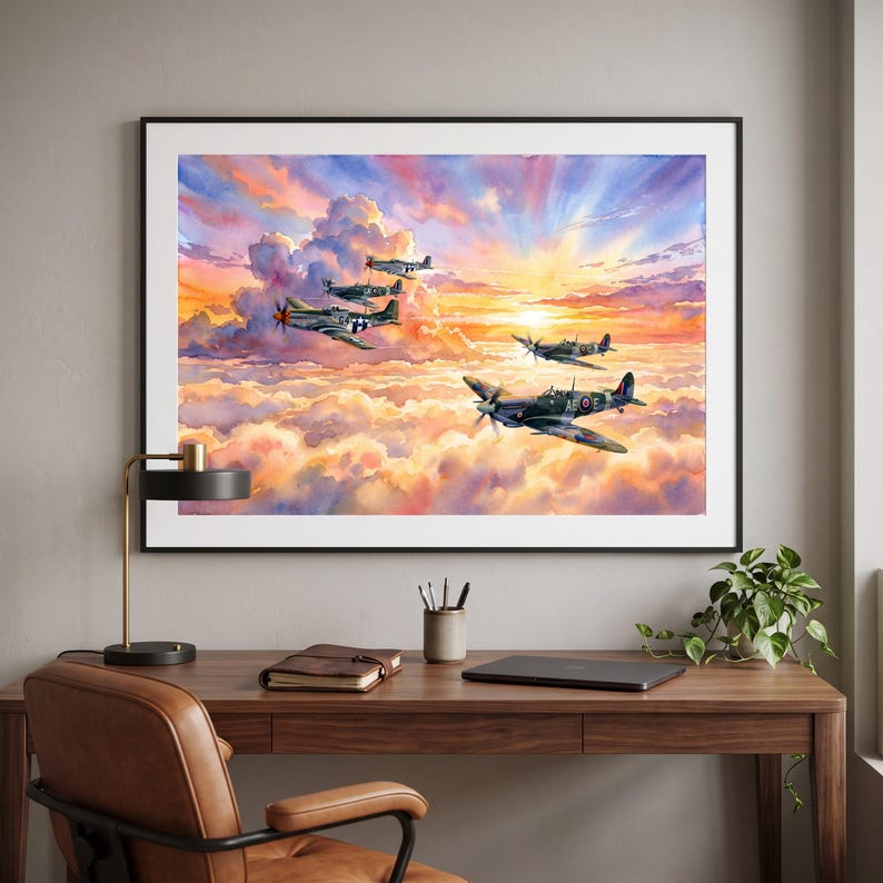 Warbird formation watercolor print — vintage aviation wall art